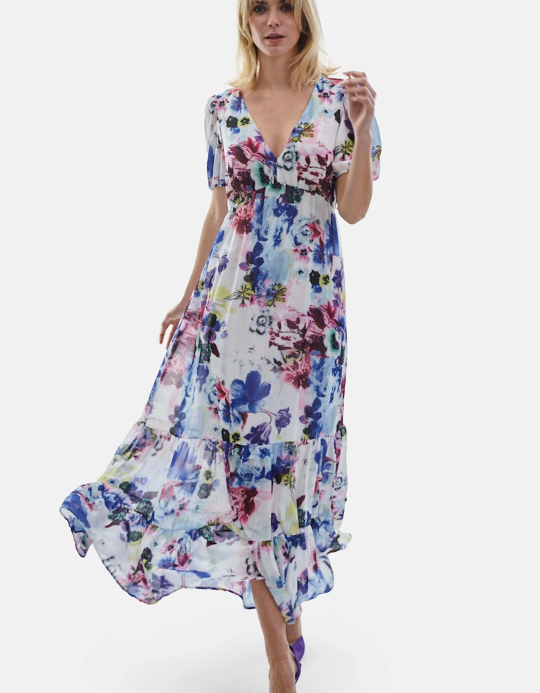 V-neck Floral Midi Dress Blue