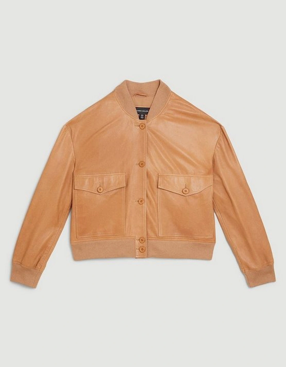Leather Veg Tan Button Bomber Jacket