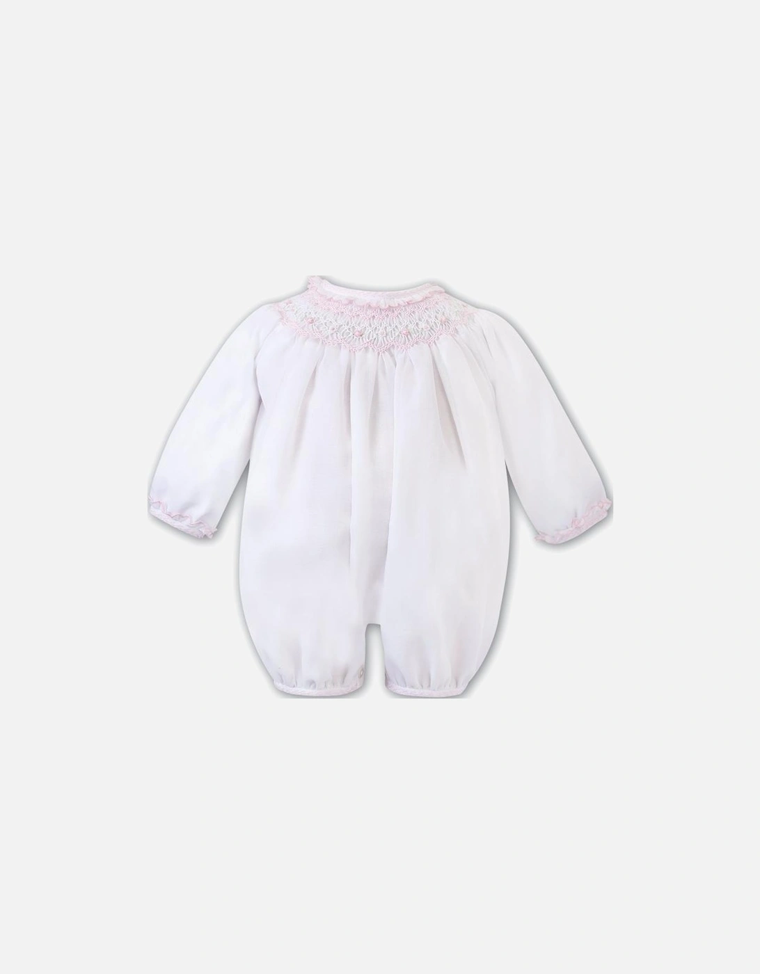 Baby Girls White Hand Smocked Romper, 2 of 1