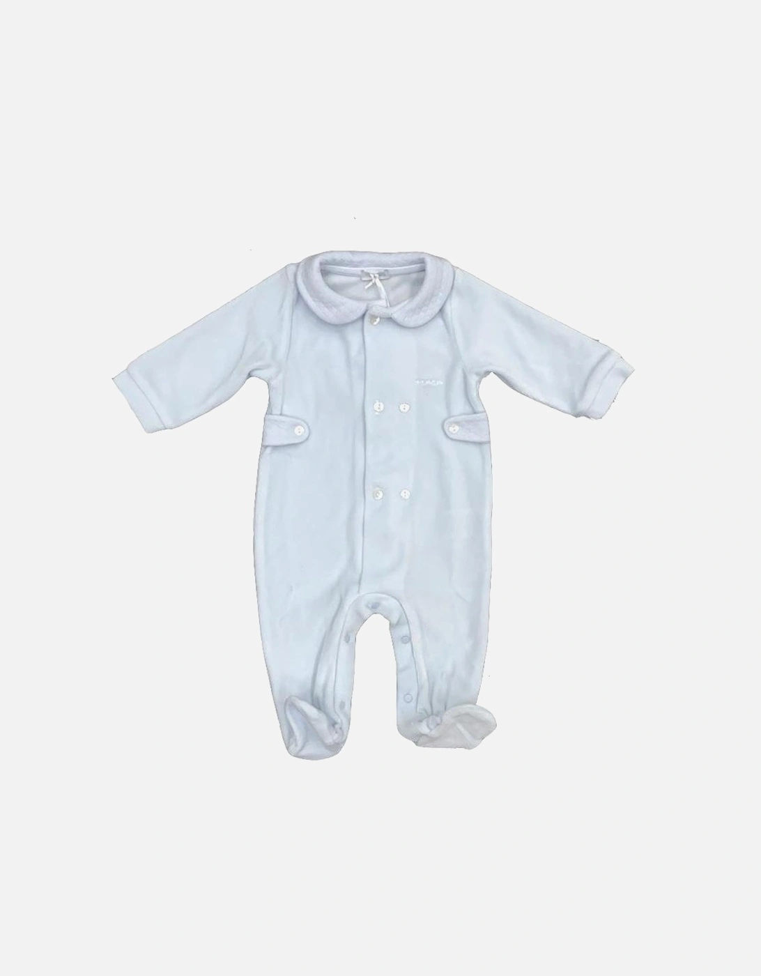 Baby Boys Blue Velour Babygrow, 2 of 1