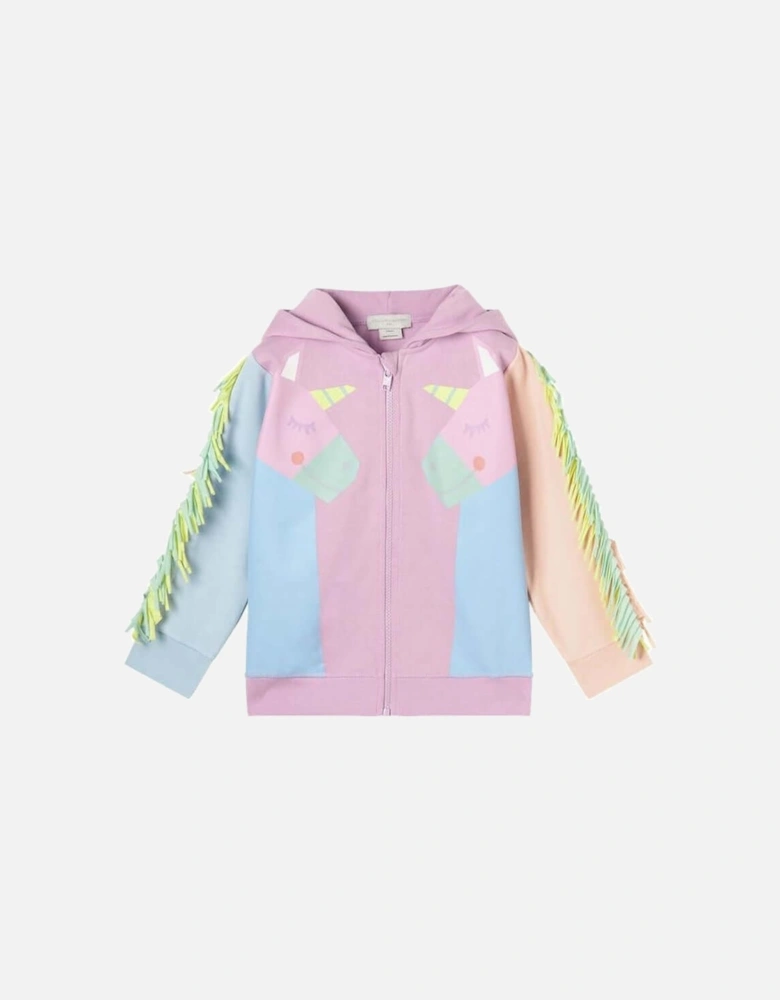 Girls Pink Unicorn Fringe Zip Up Hoodie