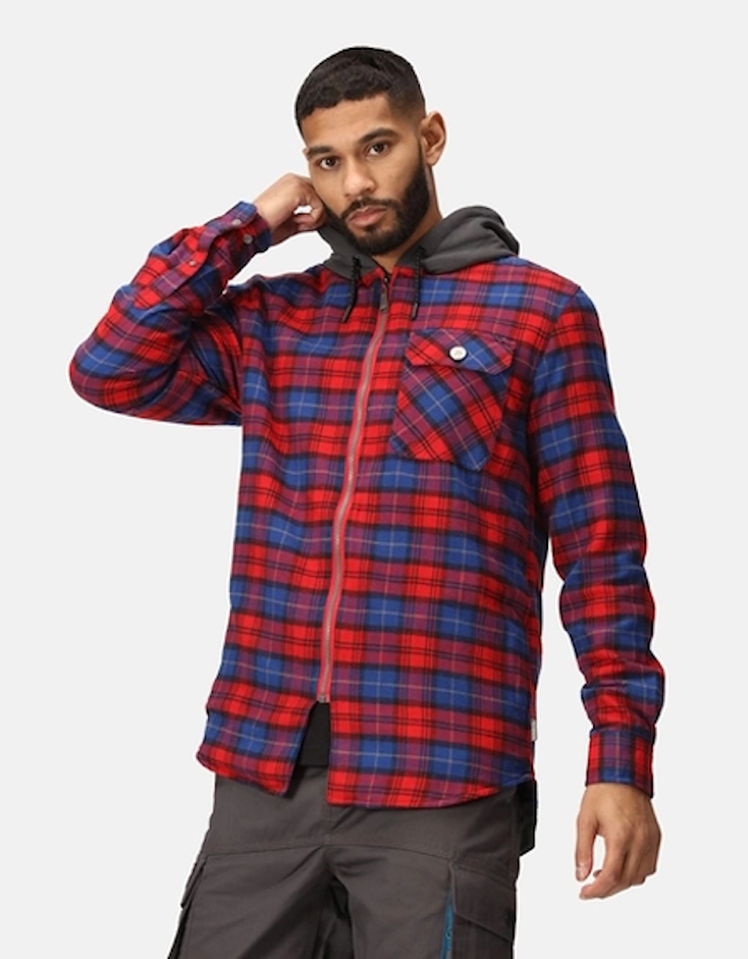 Men's Seige Hooded Shirt Jacket Classic Red Check, 9 of 8