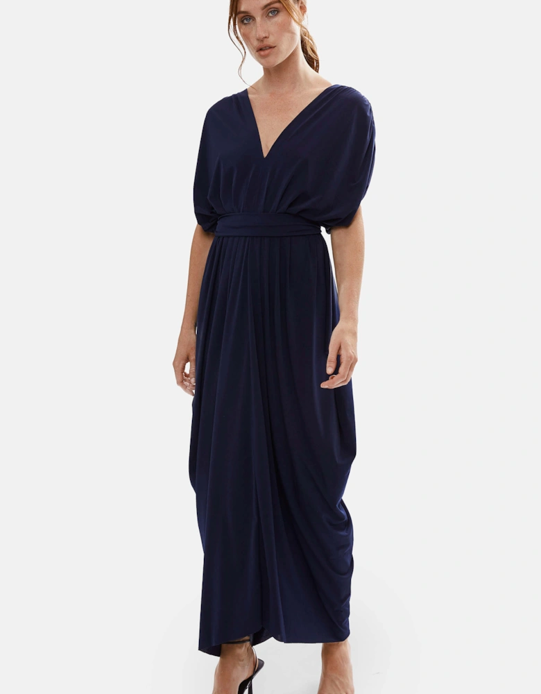 Batwing Pleated Maxi Dress Navy