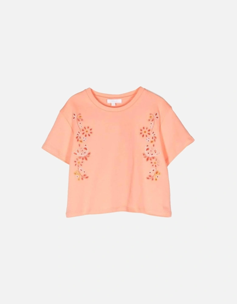 Girls Peach Embroidered T-Shirt