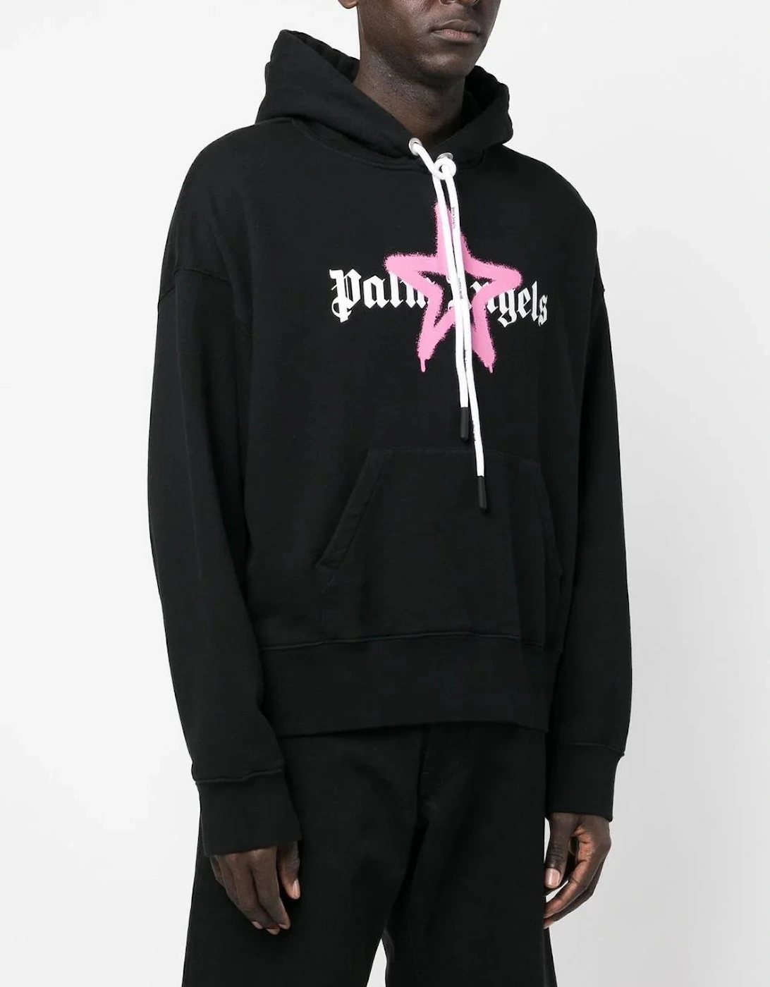 Pink Star Sprayed Print Hoodie in Black