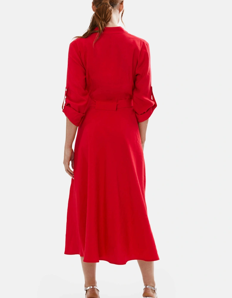 Roll Sleeve Midi Dress Red