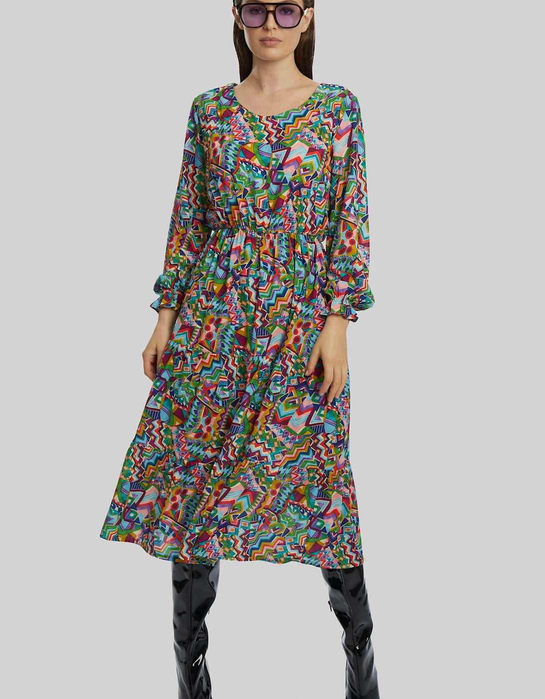 Printed Round Neck Tiered Midi Dress, 7 of 6