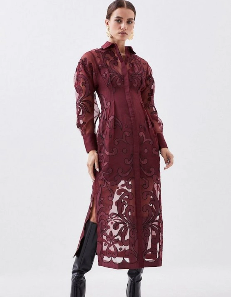 Petite Applique Organdie Woven Midi Shirt Dress