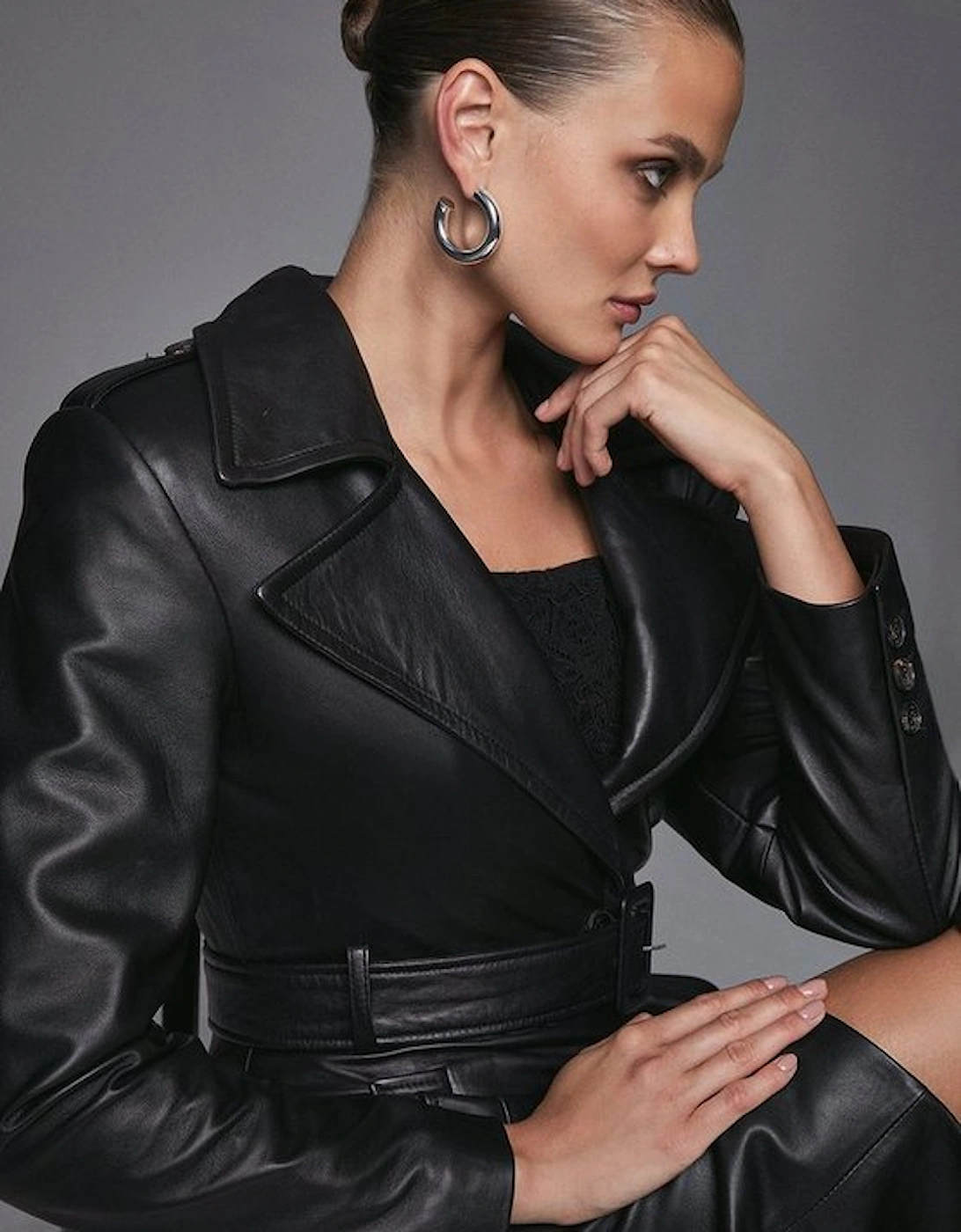 Leather Structured Collared Belted Coat