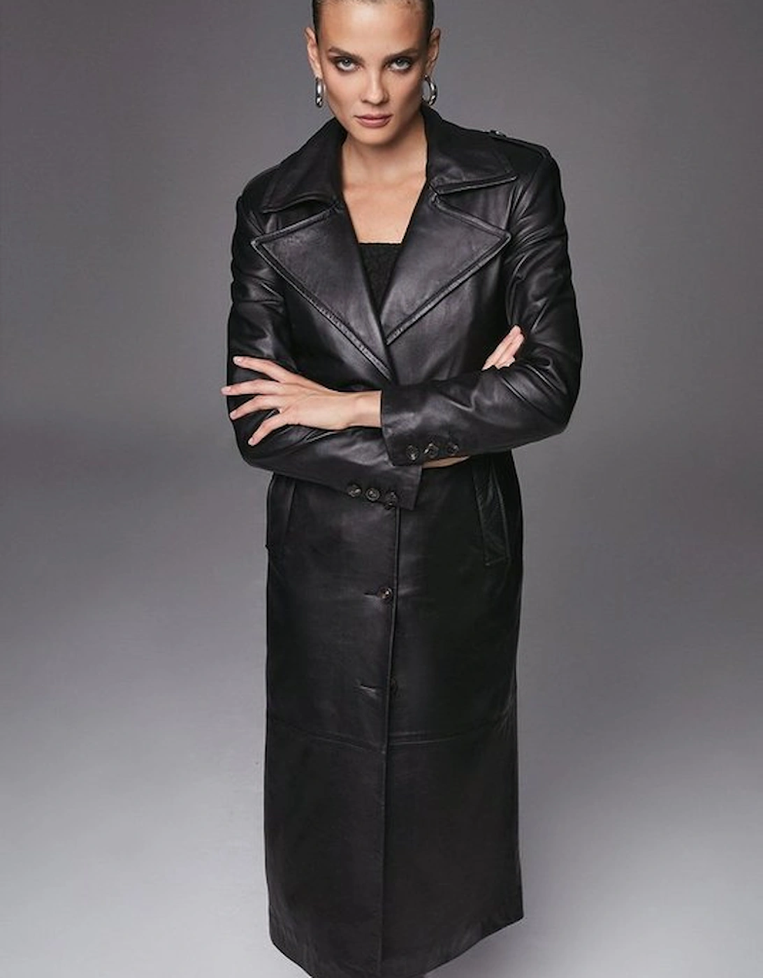 Leather Structured Collared Belted Coat, 5 of 4
