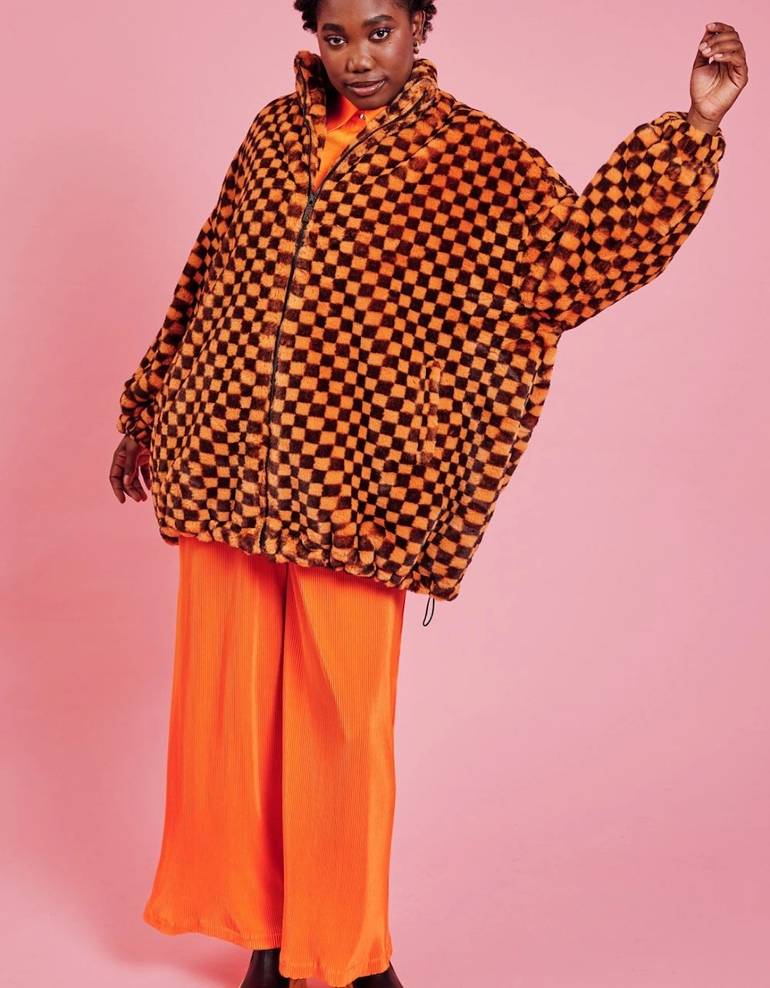 Orange oversized Checkered Zip Coat