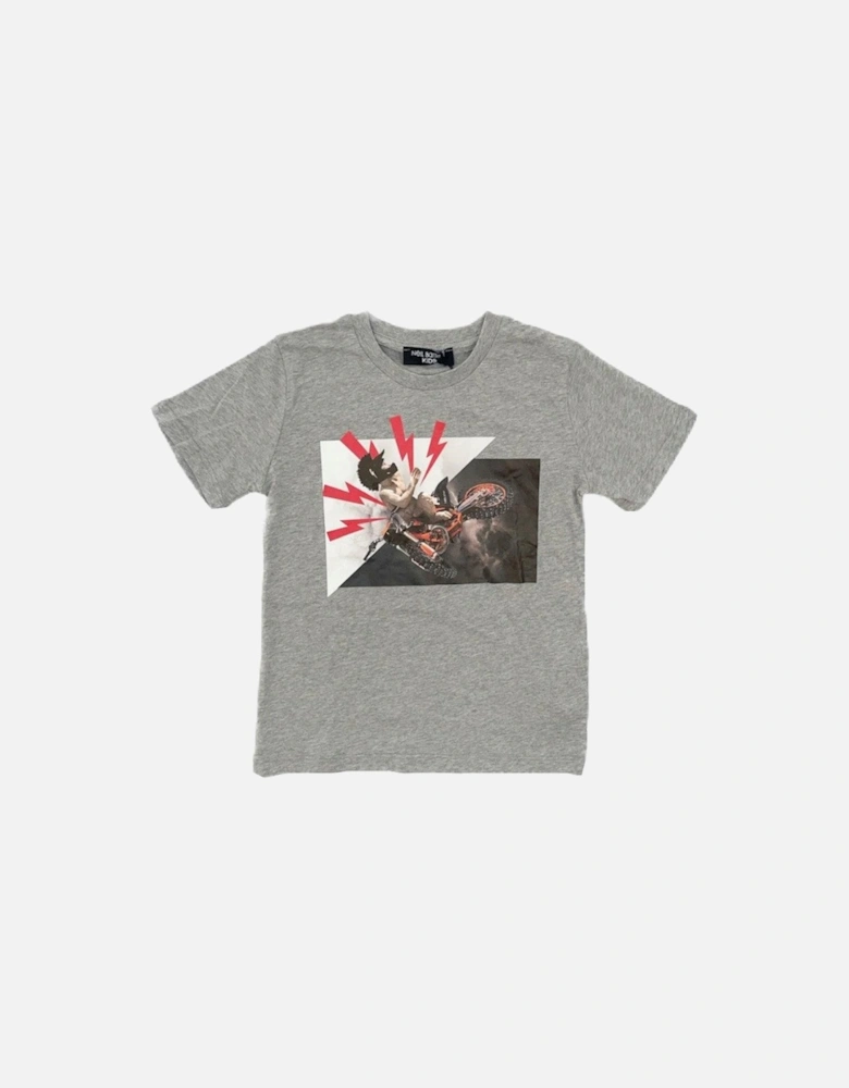 Boys Grey Cotton Motorbike Print T-Shirt