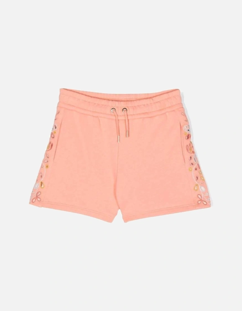 Girls Peach Embroidered Shorts