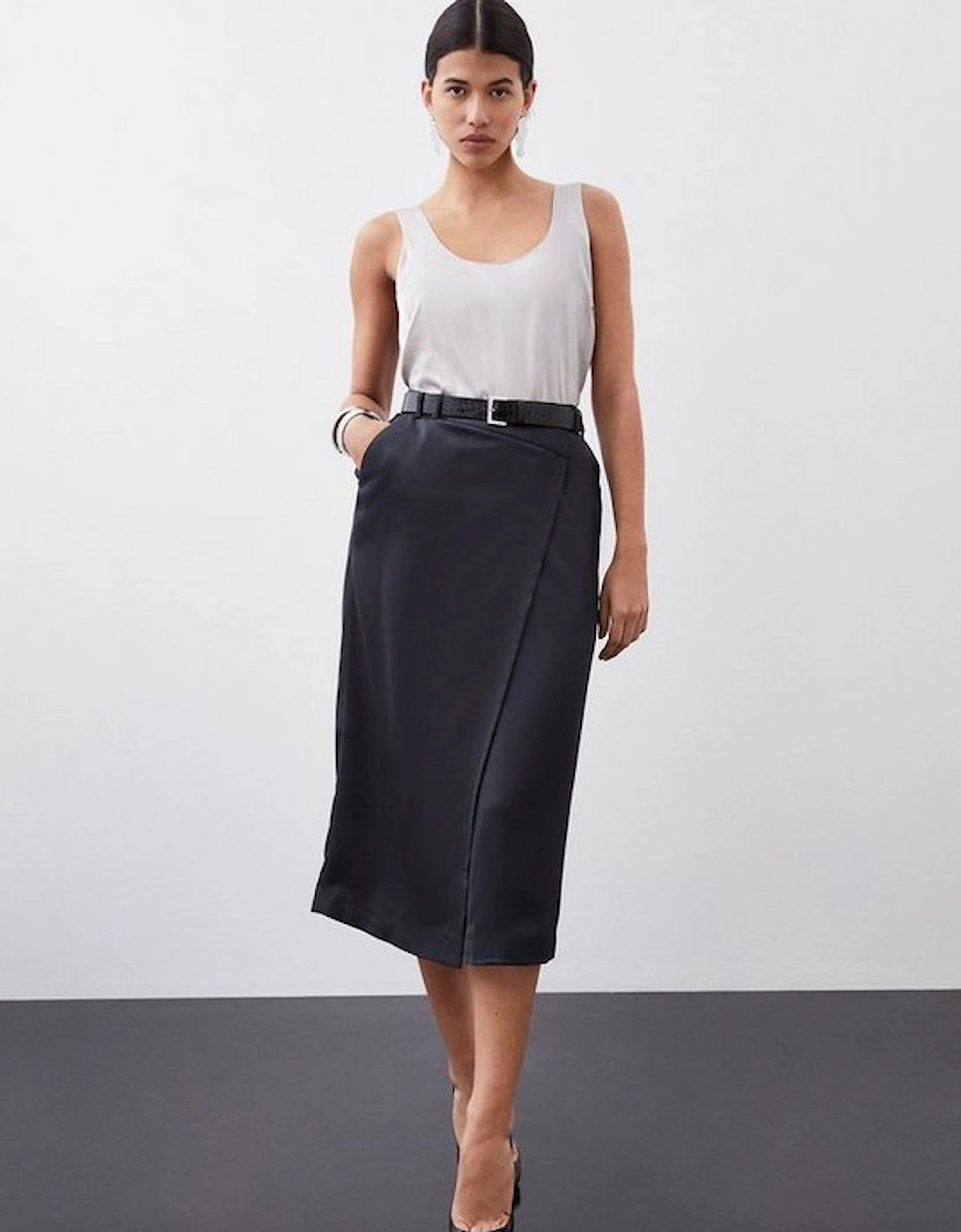 Tailored Satin Back Crepe Asymmetric Waist Wrap Detail Midi Skirt, 5 of 4