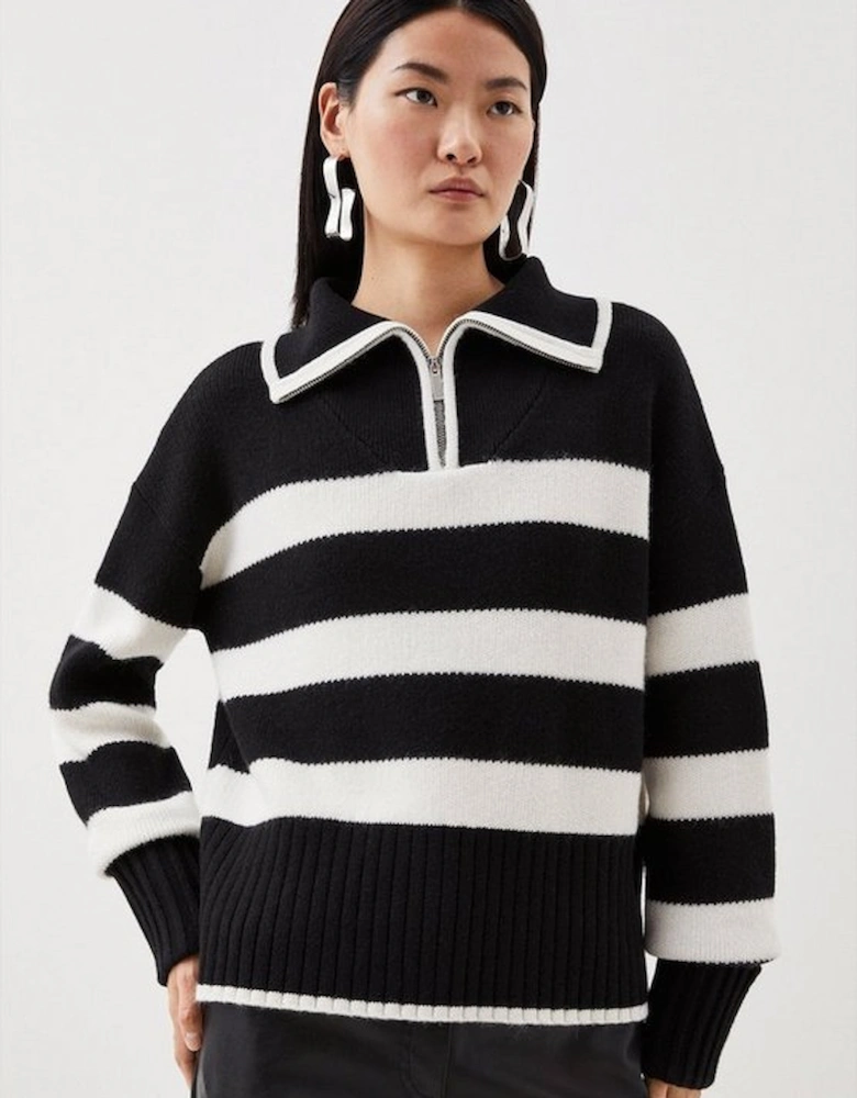 Premium Alpaca Wool Blend Mid Weight Stripe Fly Collar Knit Jumper