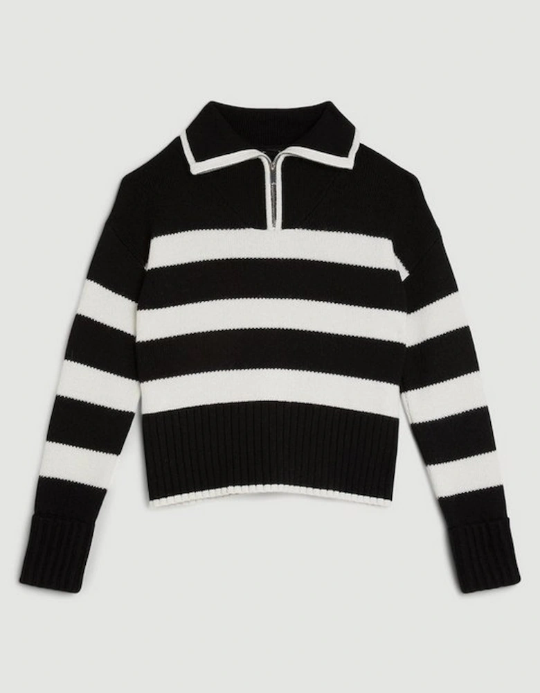 Premium Alpaca Wool Blend Mid Weight Stripe Fly Collar Knit Jumper