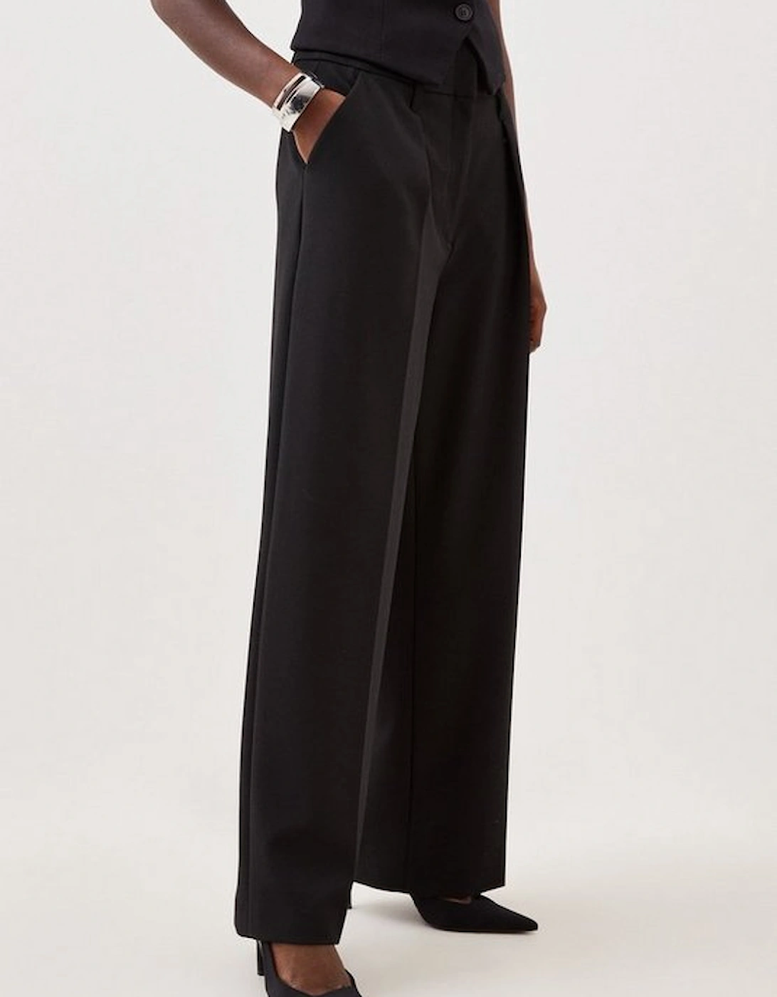 Compact Stretch Darted Wide Leg Trousers