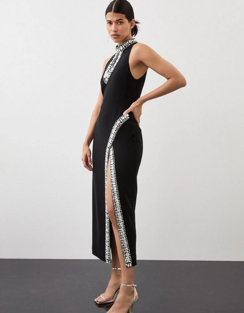 Crystal Embellished Woven Thigh Split Midi Dress