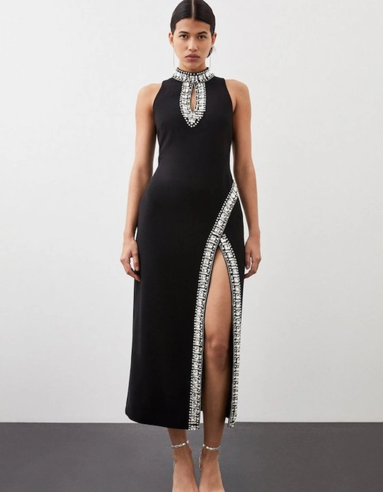 Crystal Embellished Woven Thigh Split Midi Dress