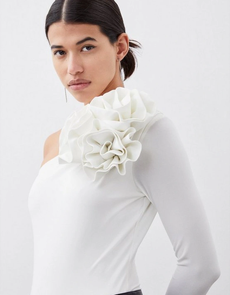 One Shoulder Drapey Ruched Jersey Rosette Bodysuit