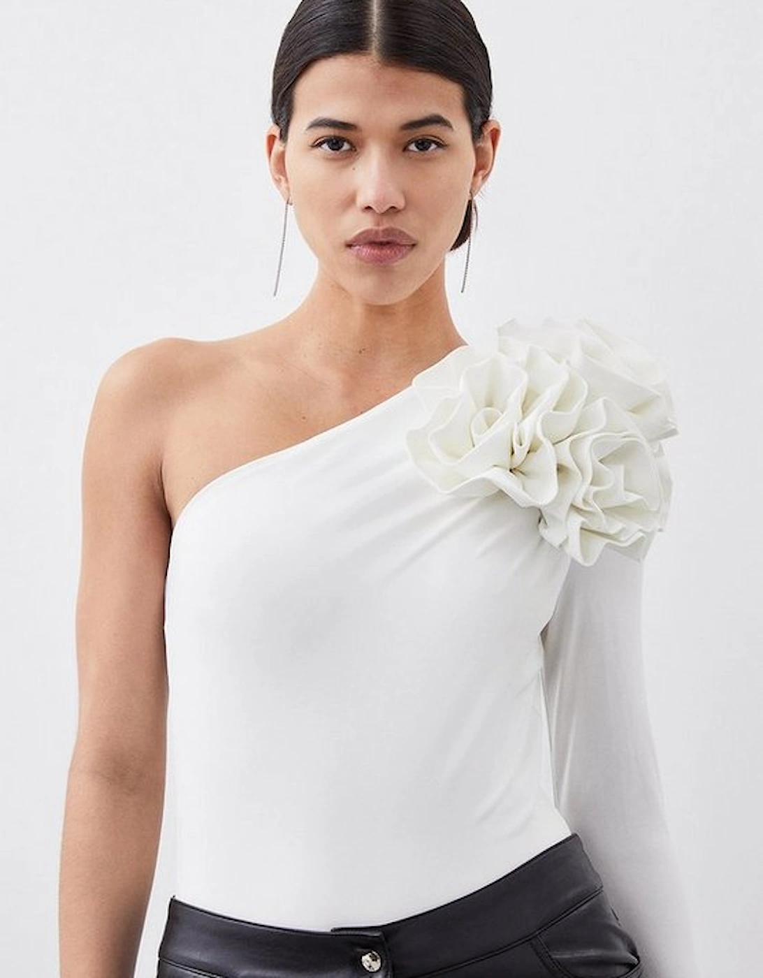 One Shoulder Drapey Ruched Jersey Rosette Bodysuit, 5 of 4
