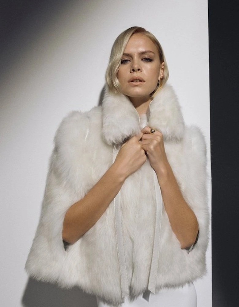 The Founder: Tie Neck Shearling Collared Cape