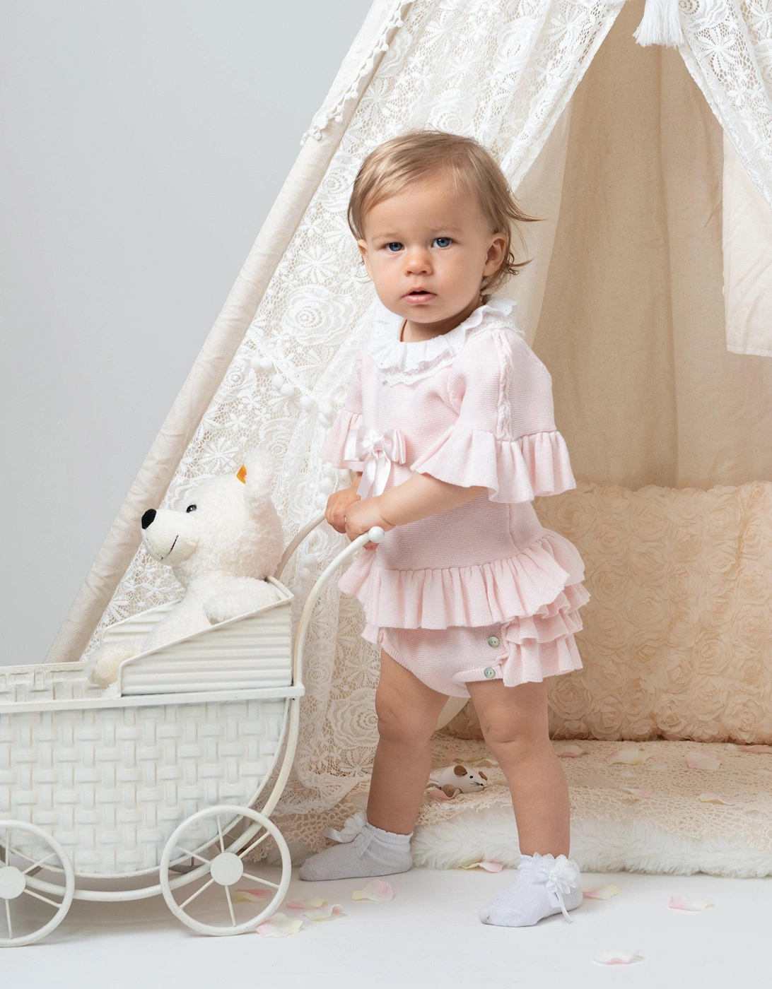 Baby Girls Pink Lace Collar Knitted Bloomer Set, 3 of 2