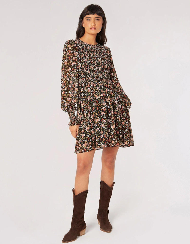 Autumnal Ditsy Smirred Neck Mini Dress