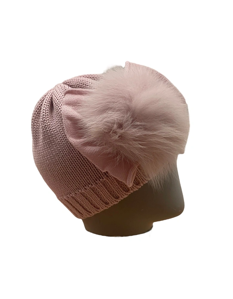 Girls Rose Pink Marino Wool Hat With Fur Pom & Bow