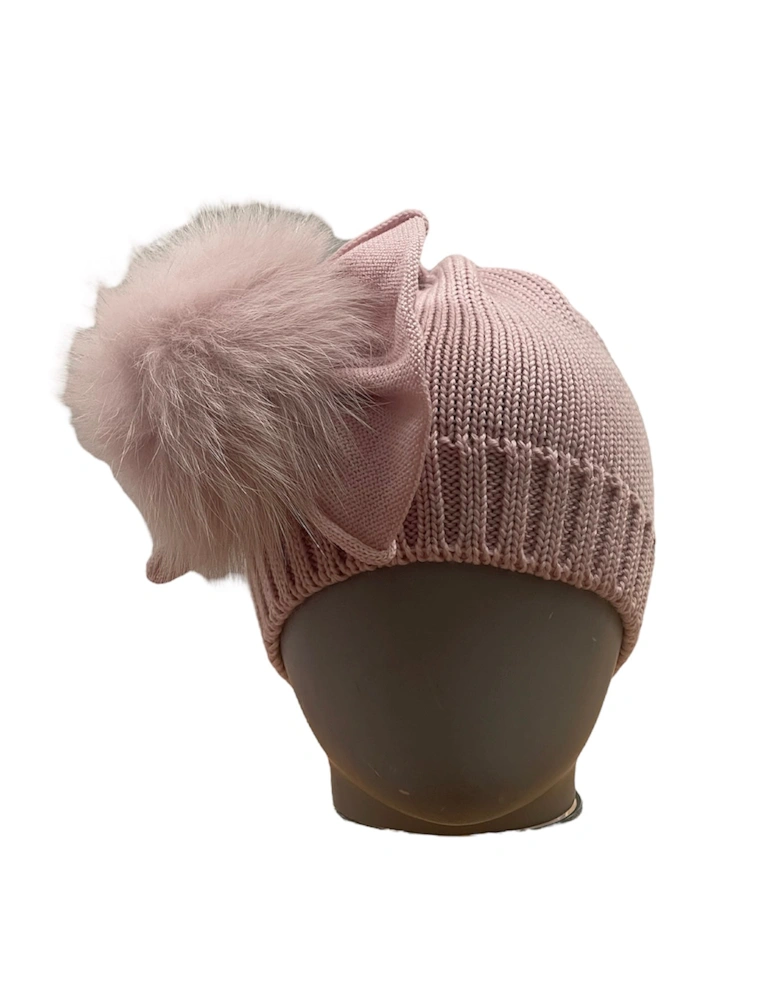 Girls Rose Pink Marino Wool Hat With Fur Pom & Bow