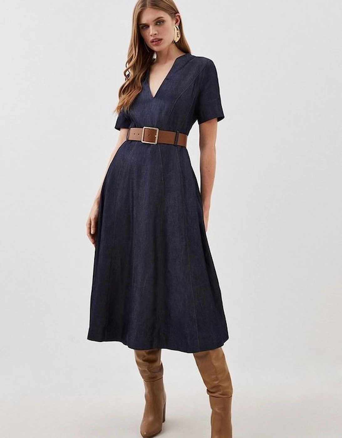 Tailored Denim Short Sleeve Full Skirt Midi Dress, 5 of 4