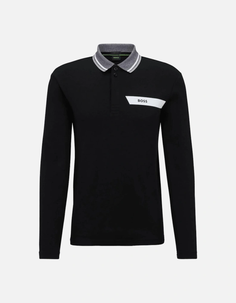 Plisy Stripe Logo Regular Fit Long Sleeve Black Polo Shirt