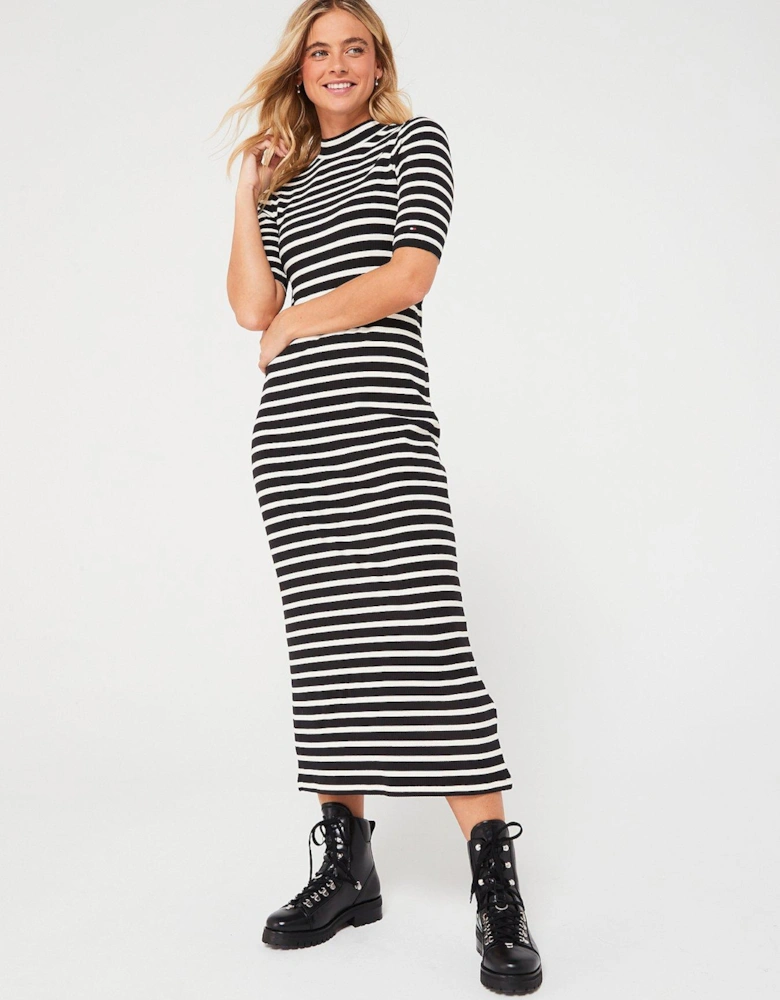 Ribbed Stripe Short Sleeve Midi Dress - Black