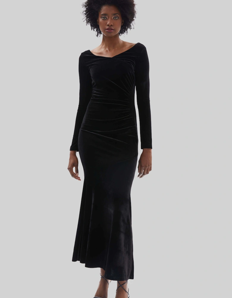 Velvet Side Ruched Midi Dress Black