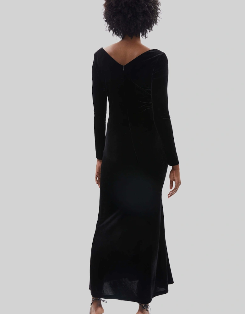 Velvet Side Ruched Midi Dress Black