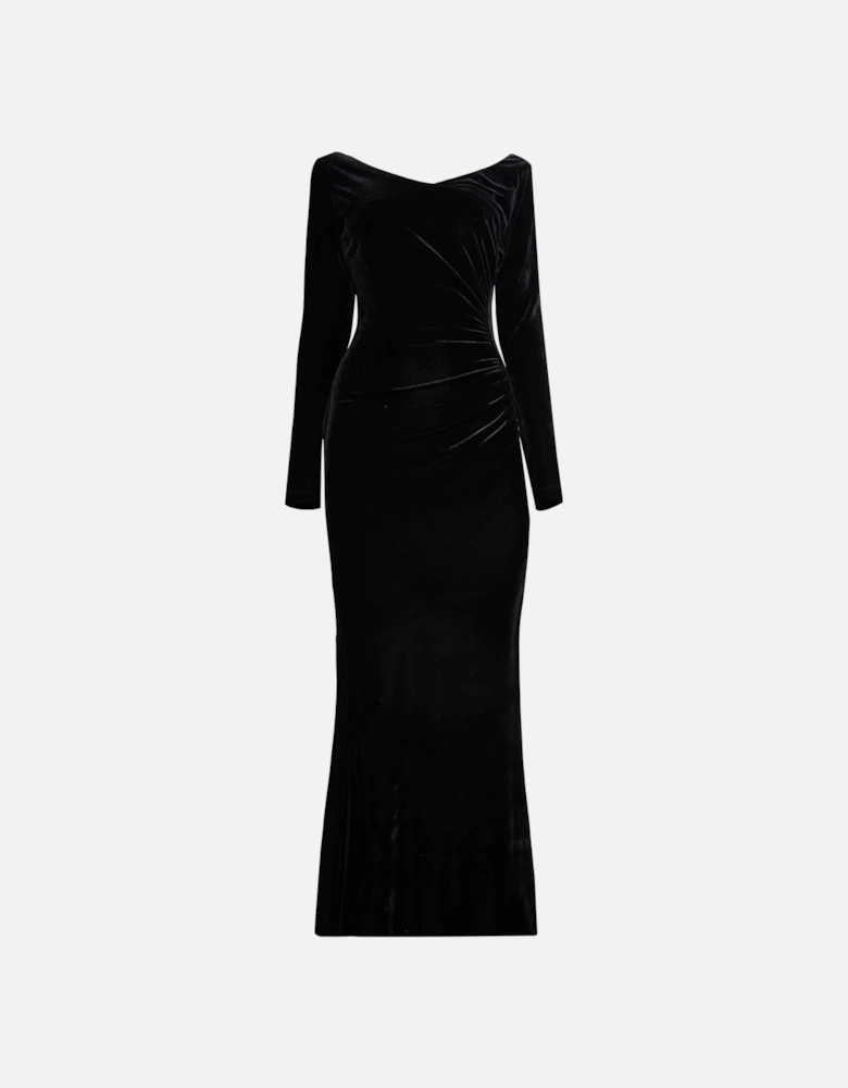 Velvet Side Ruched Midi Dress Black