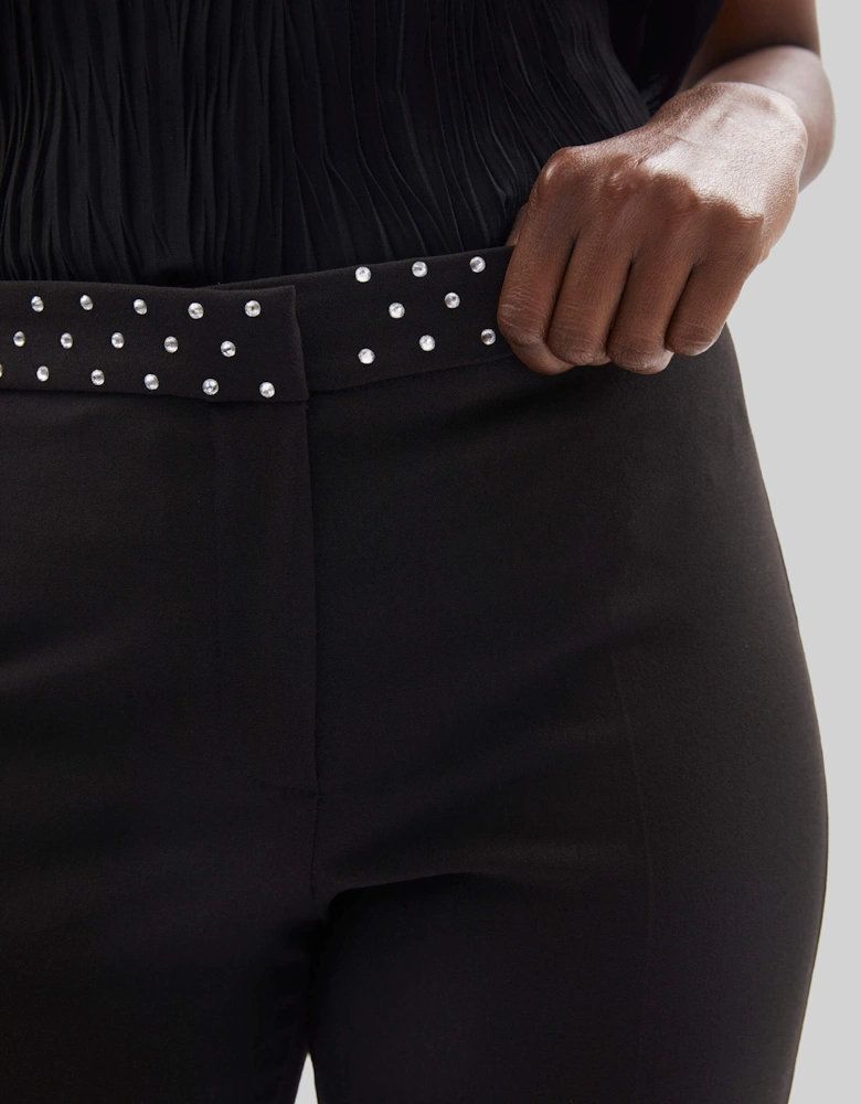 Rhinestone Waist Pin Tuck Trousers Black