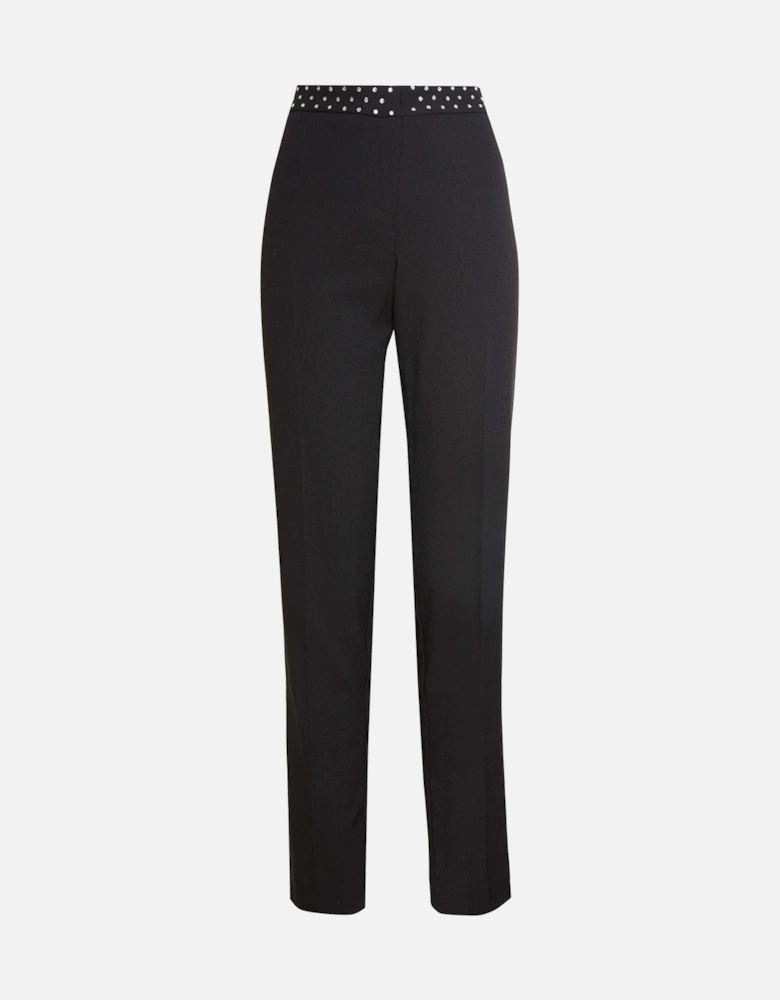 Rhinestone Waist Pin Tuck Trousers Black