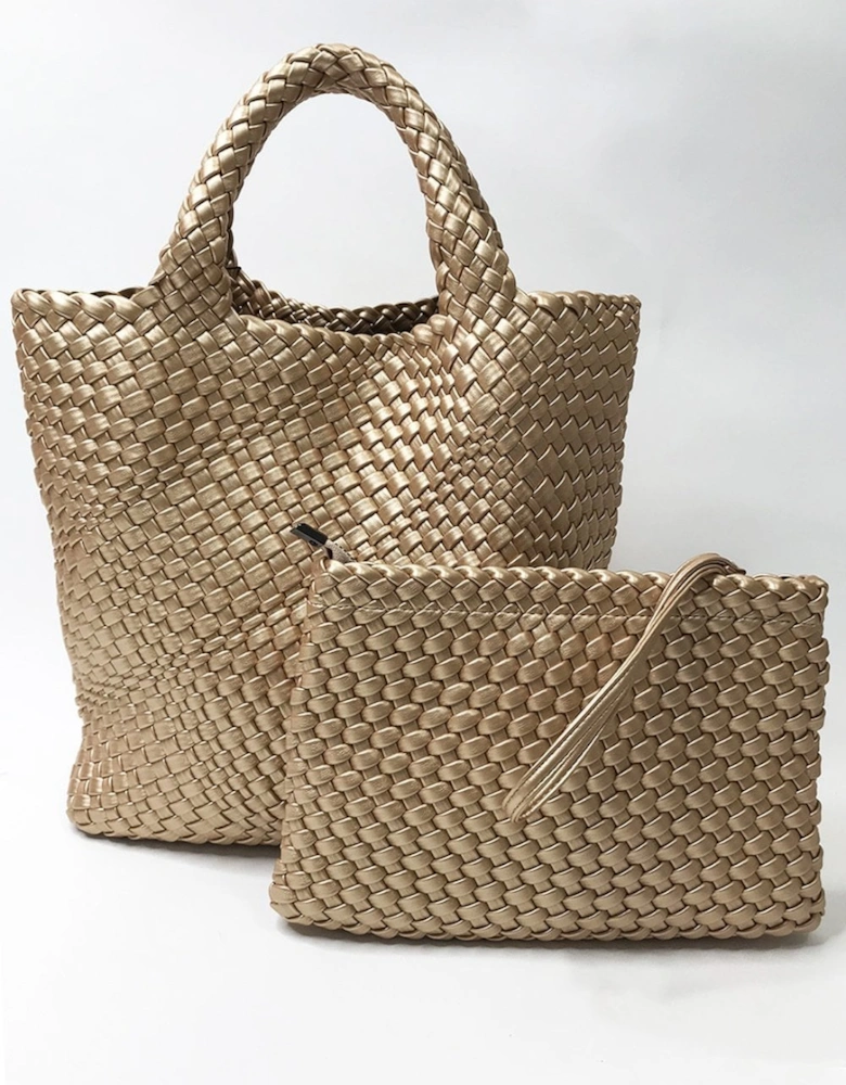 Gold Hand Knitted Leather Tote Bag with Matching Purse