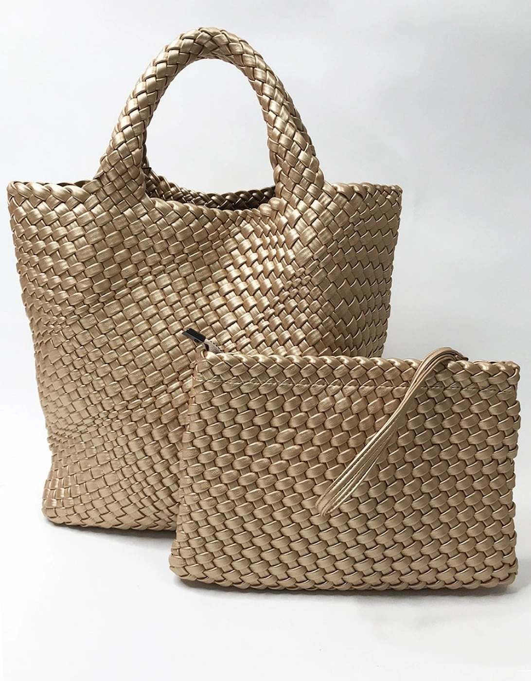 Gold Hand Knitted ECO Leather Tote Bag with Matching Purse