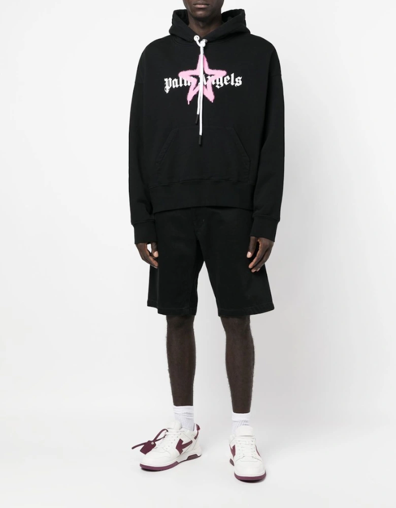 Pink Star Sprayed Print Hoodie in Black