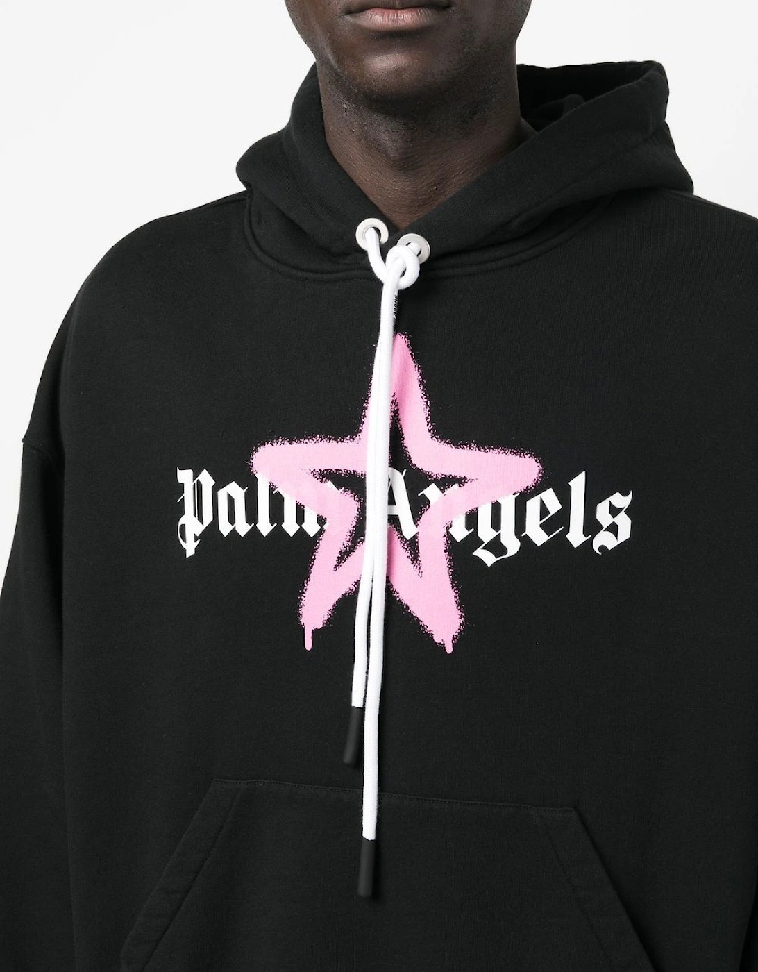 Pink Star Sprayed Print Hoodie in Black