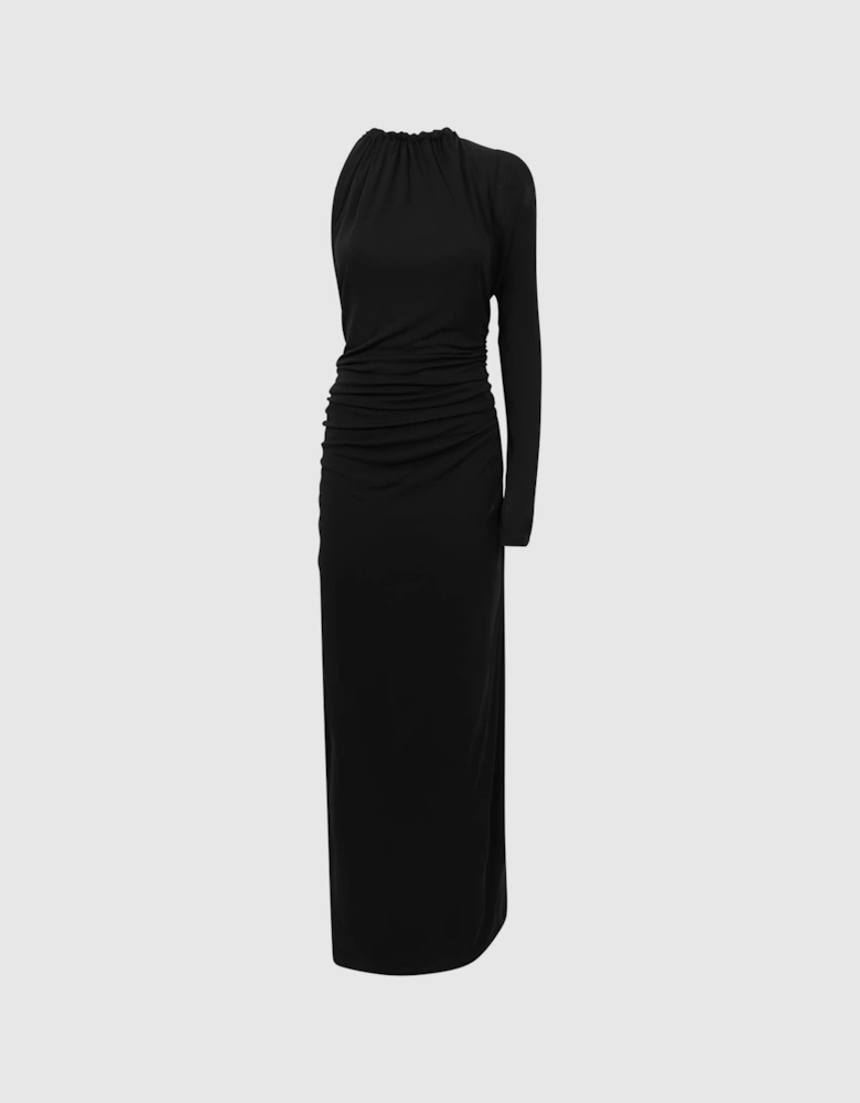 Atelier Fitted One-Shoulder Velvet Bow Maxi Dress