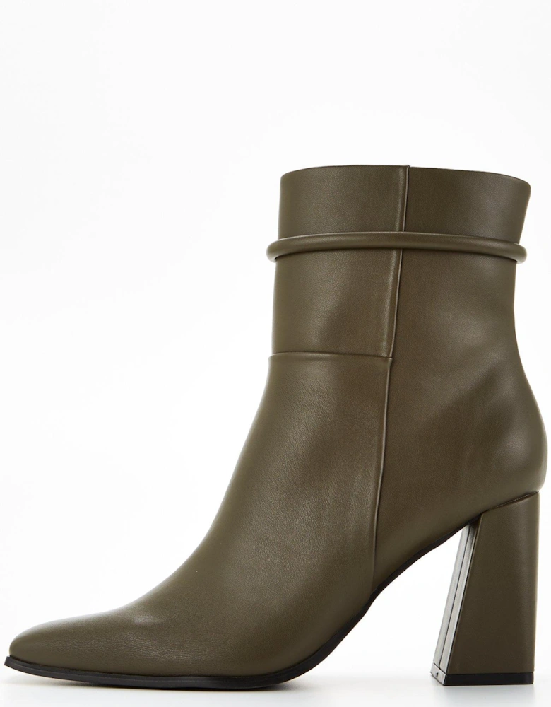 Square Toe Flare Heel Ankle Boot - Olive