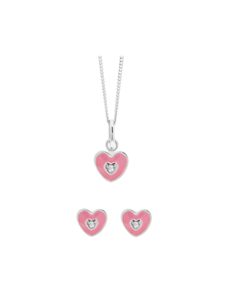Kids Sterling Silver Pink Enamel Cubic Zirconia Heart Pendant Necklace & Stud Earring Set