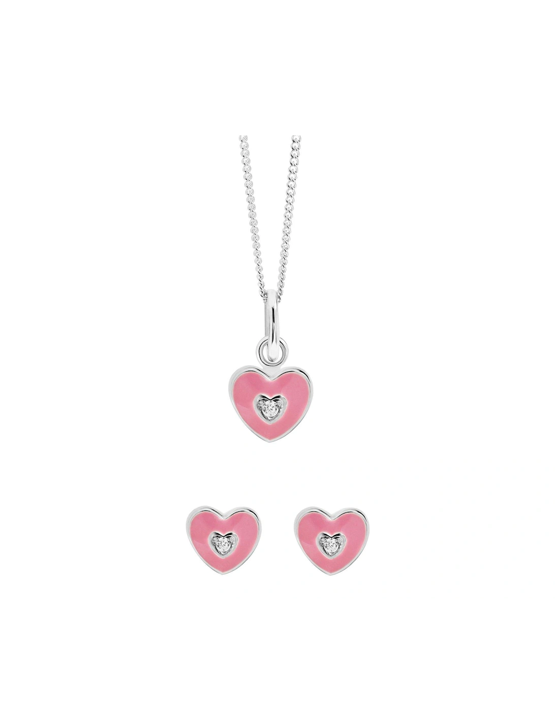 Kids Sterling Silver Pink Enamel Cubic Zirconia Heart Pendant Necklace & Stud Earring Set, 2 of 1