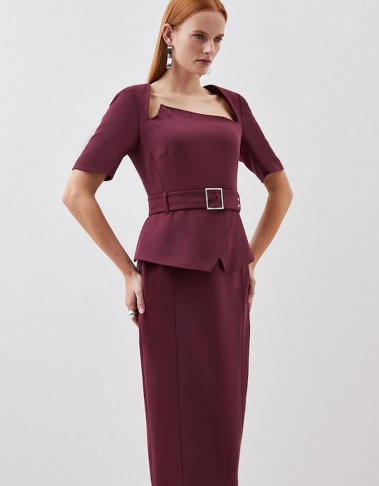 Structured Crepe Asymmetric Neck Belted Midi Pencil Dress