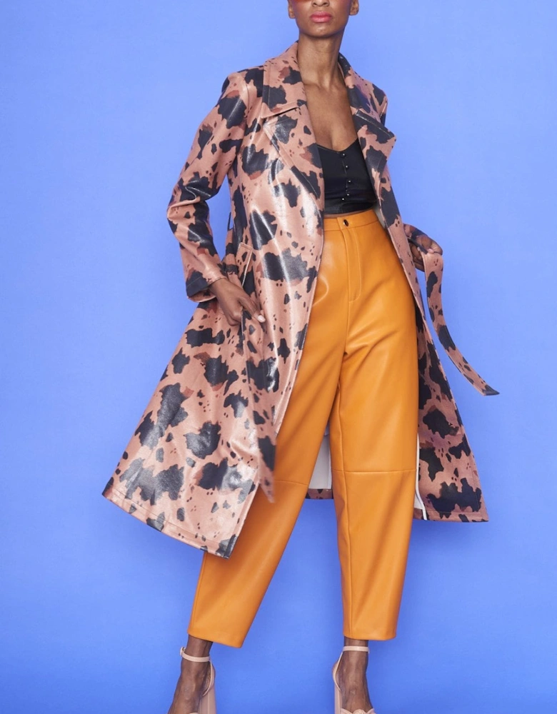 Cow Print Eco Leather Trench Coat with Orange Faux Fur Collar