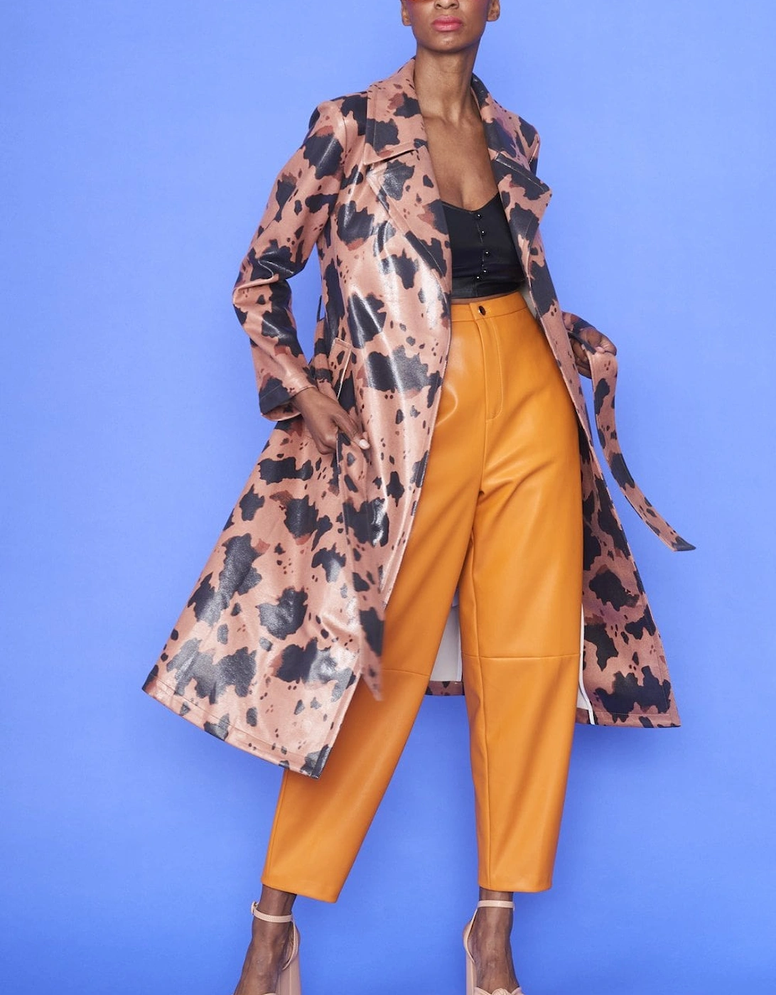 Cow Print Eco Leather Trench Coat with Orange Faux Fur Collar