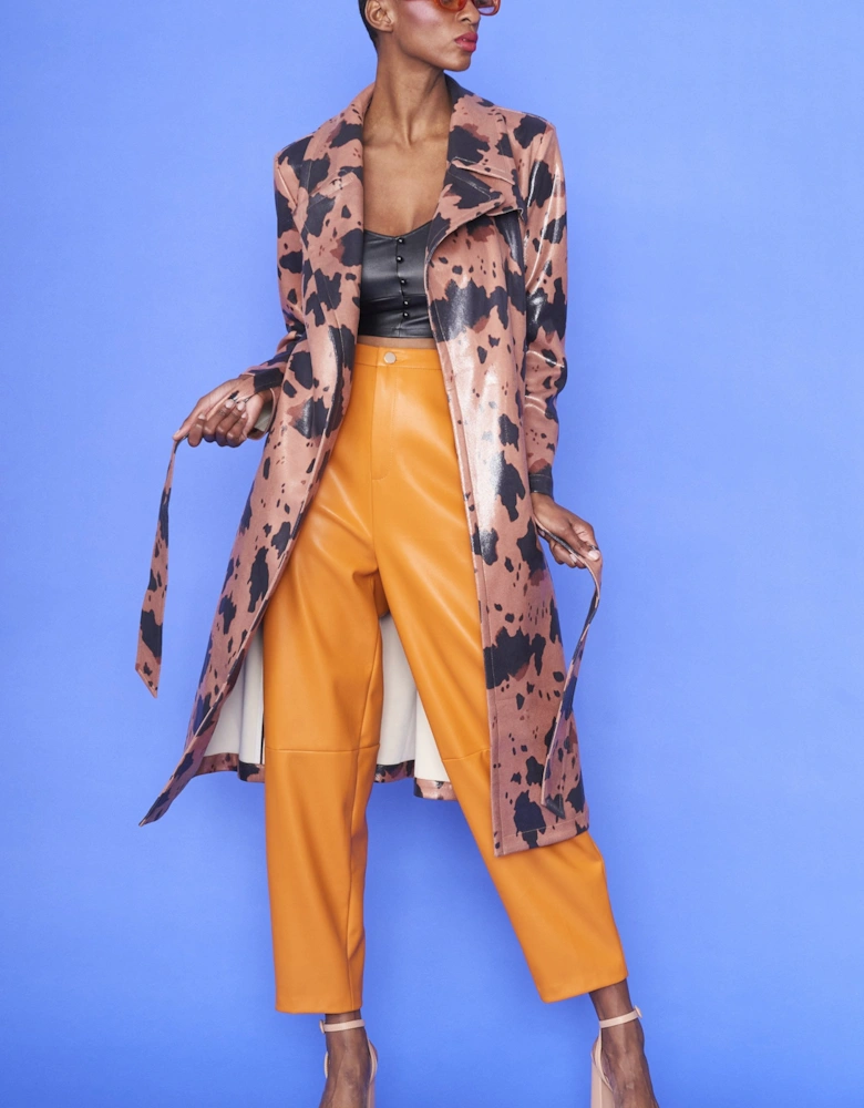 Cow Print Eco Leather Trench Coat with Orange Faux Fur Collar